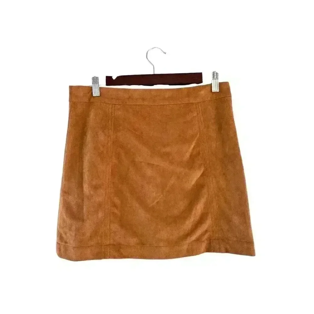 Gianni Bini Faux Suede Camel Tan Zip Snap Flat Front Mini Skirt Size Medium Fall